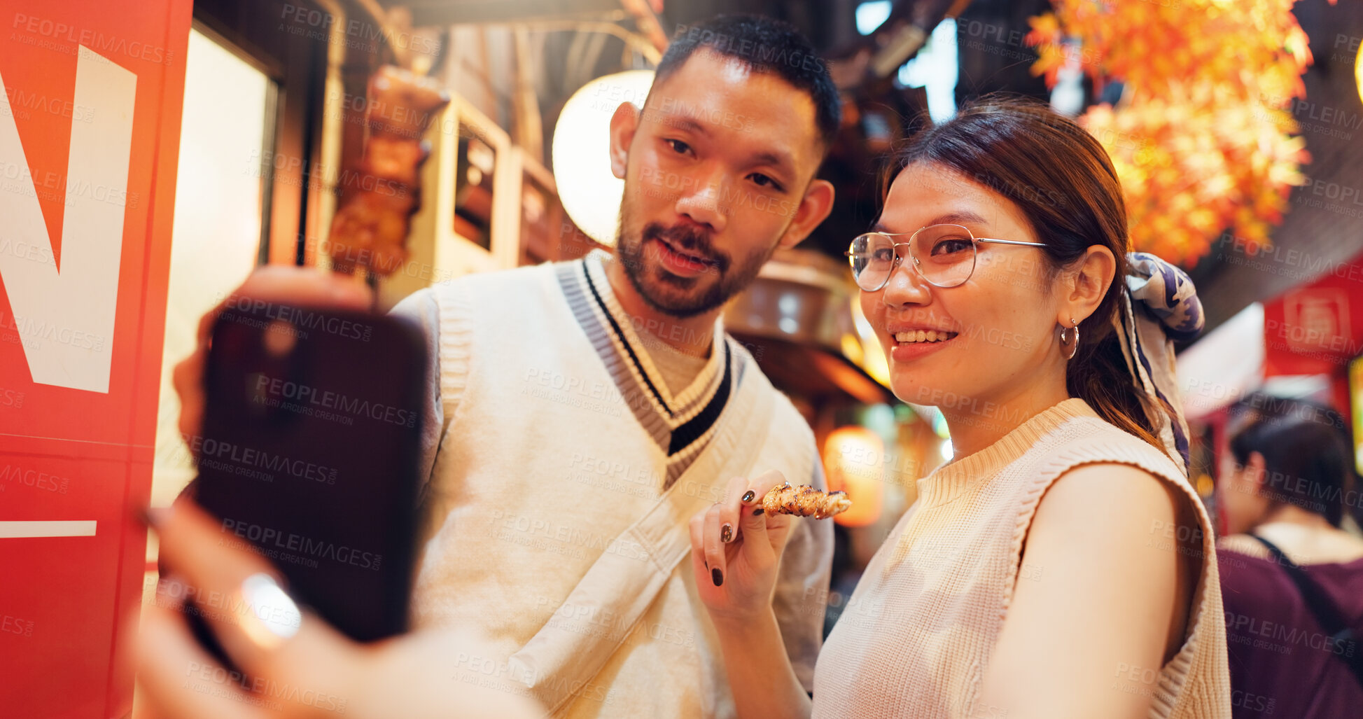 Buy stock photo Happy couple, selfie and market with Asian food in street for romantic getaway, trip and anniversary. People, photography and bonding together for holiday, vacation and tourism on date night in Japan