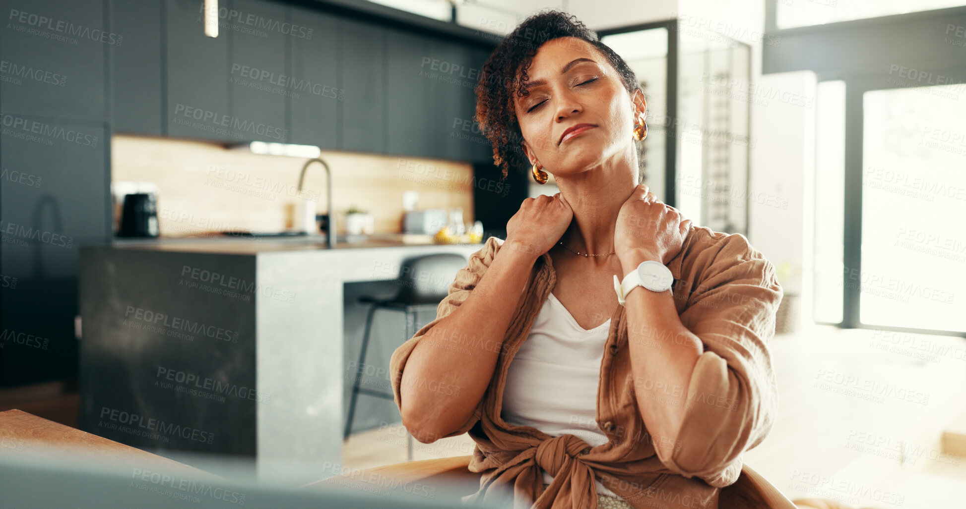 Buy stock photo Tired, neck pain and woman in kitchen, laptop and person with burnout, overworked or tension of muscle. Fatigue, thinking and freelancer in home, sore and exhausted with injury, web designer or house