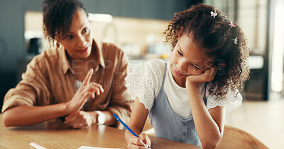 Buy stock photo Education, daughter with learning disability and mother in home for development, growth or study. ADHD, discipline and writing with family in apartment together for lesson, support or teaching