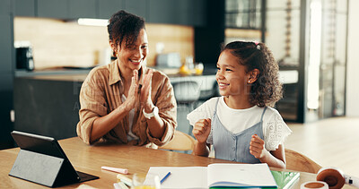 Buy stock photo Girl, mom and applause in home for education, homework or happy for solution, goal or support at apartment. People, mother and daughter with cheers, celebration and smile for learning at family house