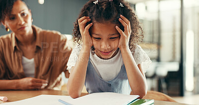 Buy stock photo Mom, girl and stress with education, homework and guide for learning disability with books at apartment. People, mother and daughter with care for adhd, development and helping child in family house