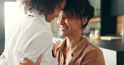 Buy stock photo Mom, girl and excited in school uniform in home for elementary education in Mexico. Apartment, people and parent with kid first day with pride, joy and smile or happy for child development or growth