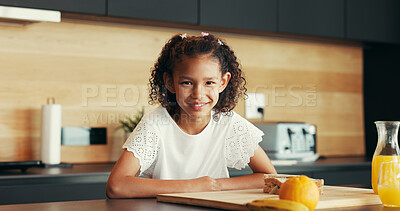 Buy stock photo Child, happy and portrait in home with breakfast, orange juice or relax in morning. Young girl, sandwich or smile in kitchen with food, fresh drink or nutrition with vitamin C for development in Cuba