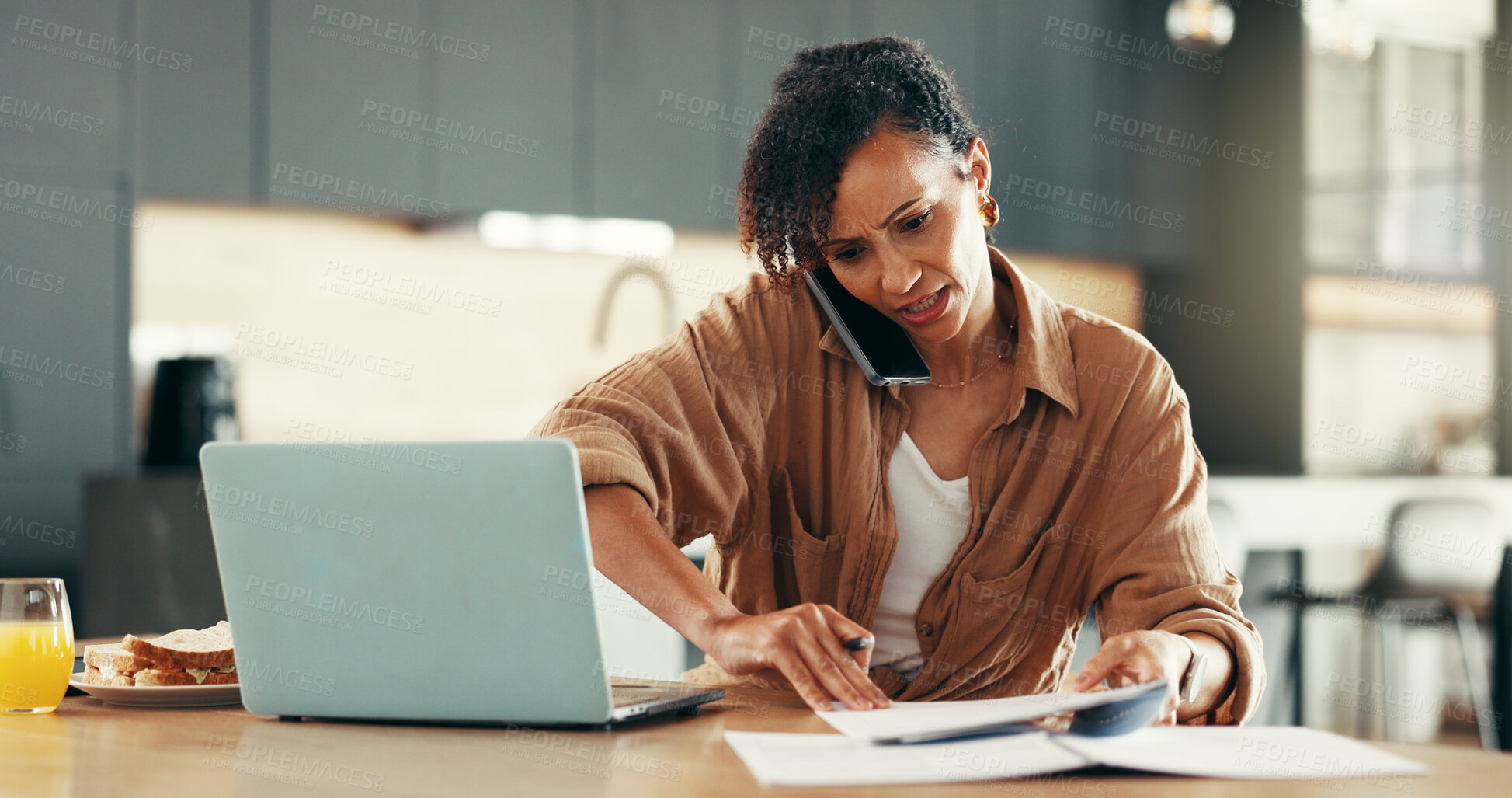 Buy stock photo Woman, busy and phone call with paperwork for deadline, communication or multitasking in home. Female person, mobile tech and anxiety as freelance copywriter in digital agency, remote work or project