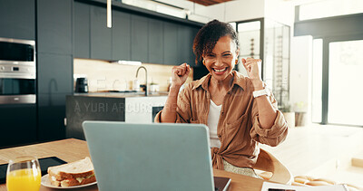 Buy stock photo Woman, happy and celebration with laptop reading email, communication and good news with pride. Female person, smile and tech as freelance copywriter in digital agency, remote work or project in home