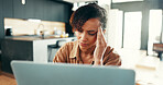 Woman, headache and stress in home for deadline, mistake or glitch as software malfunction. Female person, frustrated and anxiety as freelance copywriter with tired, migraine and remote work in house