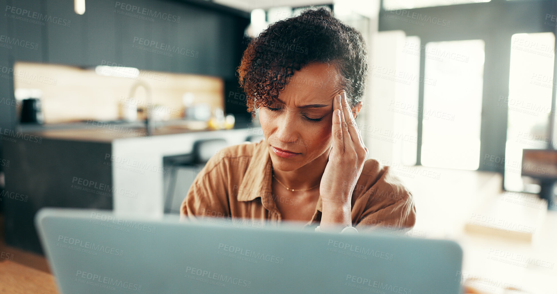 Buy stock photo Woman, headache and stress on laptop for deadline, mistake or glitch as software malfunction. Female person, technology and anxiety as freelance copywriter with tired, migraine or remote work in home