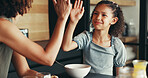 House, high five and mother with girl, breakfast and morning with happiness, love and support. Apartment, family and parent with mama, daughter and kid with hand gesture, bonding together and care