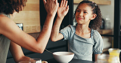 Buy stock photo House, high five and mother with girl, breakfast and morning with happiness, love and support. Apartment, family and parent with mama, daughter and kid with hand gesture, bonding together and care