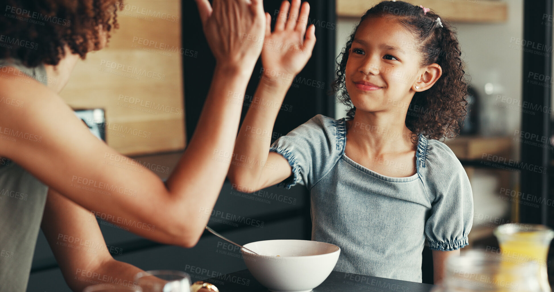 Buy stock photo House, high five and mother with girl, breakfast and morning with happiness, love and support. Apartment, family and parent with mama, daughter and kid with hand gesture, bonding together and care