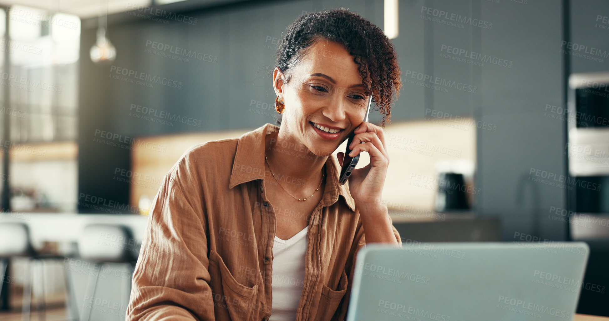 Buy stock photo Woman, laptop and phone call for networking, communication and connection in home for remote work. Female person, mobile and technology for talking, voice or update as employee in company or business