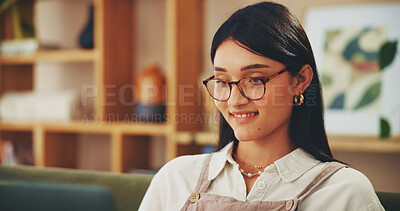 Buy stock photo Smile, remote work and woman on laptop in home for content writing, story or blog for social media platform. Computer, glasses and happy freelancer in living room for reading email, article or news