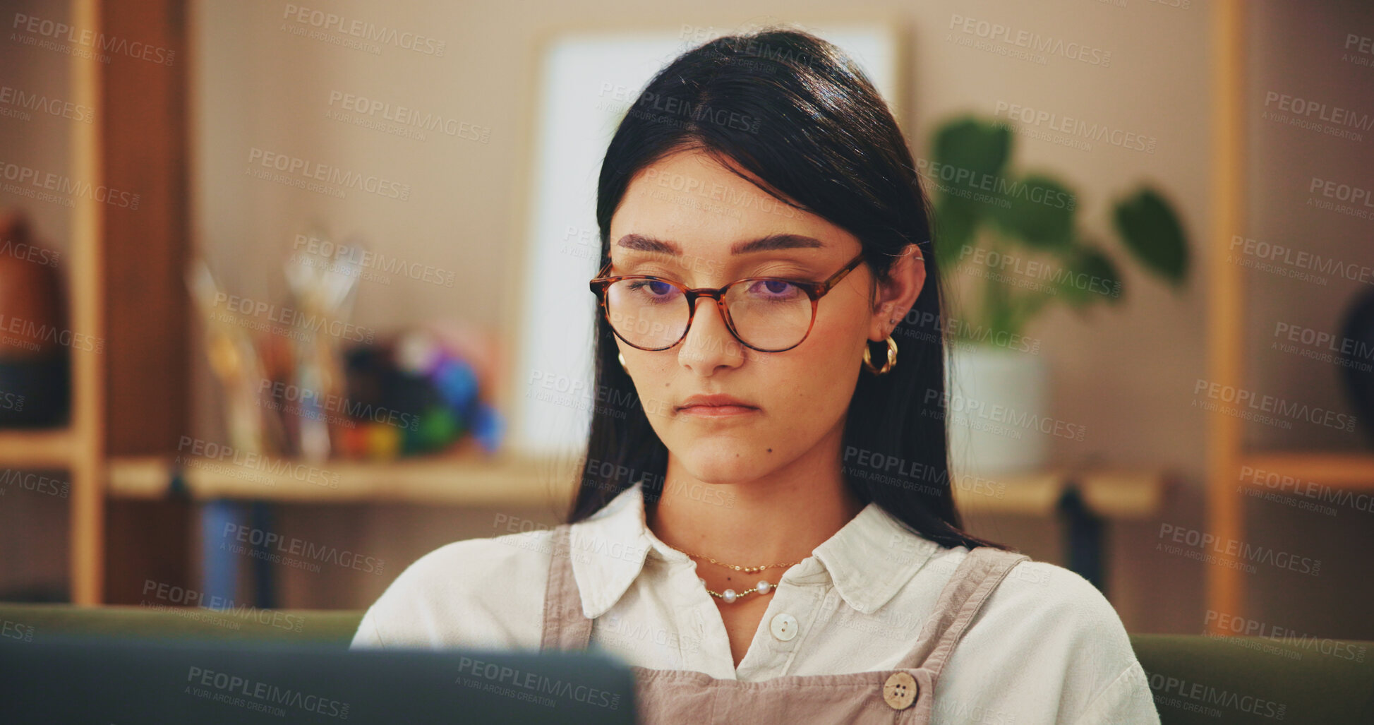 Buy stock photo Remote work from home, thinking and woman with laptop, online reading and problem solving. Entrepreneur, copywriting or freelancer with computer, glasses or email for feedback or planning for project