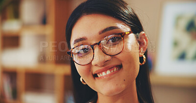 Buy stock photo Woman, portrait and glasses in home, smile and pride with eye care, confidence and positive in morning. Person, girl and happy in lounge, satisfied pr lens at apartment with visual wellness in Mexico