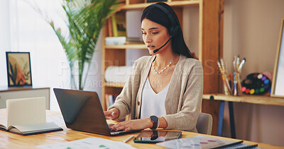 Buy stock photo Microphone, laptop and freelancer with woman in home office for virtual assistant, online consultant and contact. Email marketing, remote work and typing with person in apartment for internet