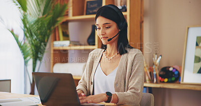 Buy stock photo Microphone, laptop and typing with woman in home office for virtual assistant, online consultant and contact. Email marketing, remote work and freelancer with person in apartment for internet