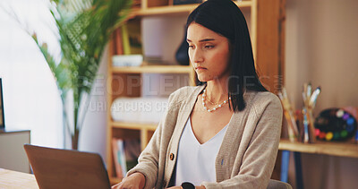 Buy stock photo Remote work from home, ideas and woman with laptop, online reading and problem solving. Entrepreneur, copywriting or freelancer with computer, thinking or email for feedback or planning for project