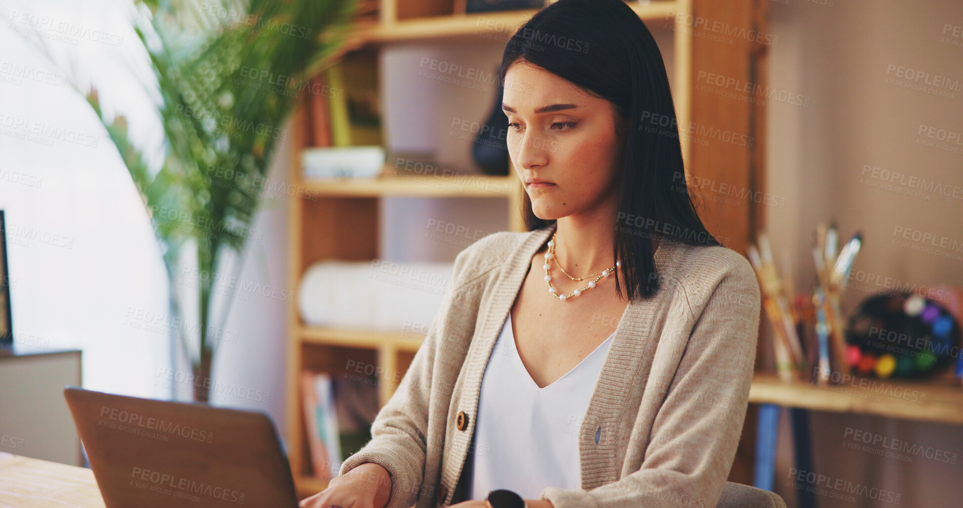 Buy stock photo Remote work from home, ideas and woman with laptop, online reading and problem solving. Entrepreneur, copywriting or freelancer with computer, thinking or email for feedback or planning for project