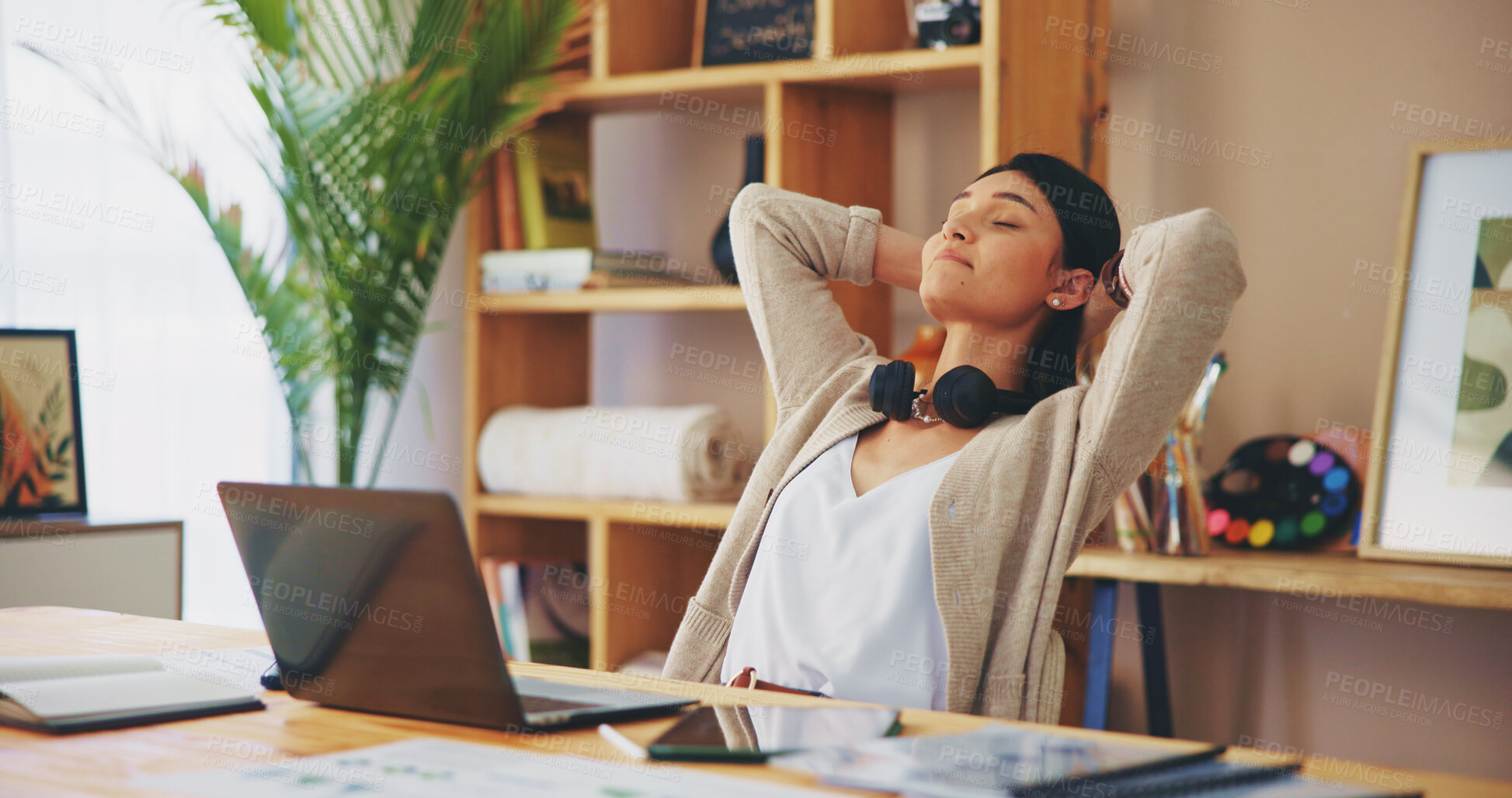 Buy stock photo Laptop, relax and freelancer with woman in home office for graphic designer, creative project and satisfied. Resting, complete and remote work with person and website review for startup and done