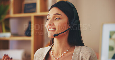 Buy stock photo Microphone, headset and freelancer with woman in home office for virtual assistant, online consultant and contact. Call center, remote work and typing with person in apartment for communication