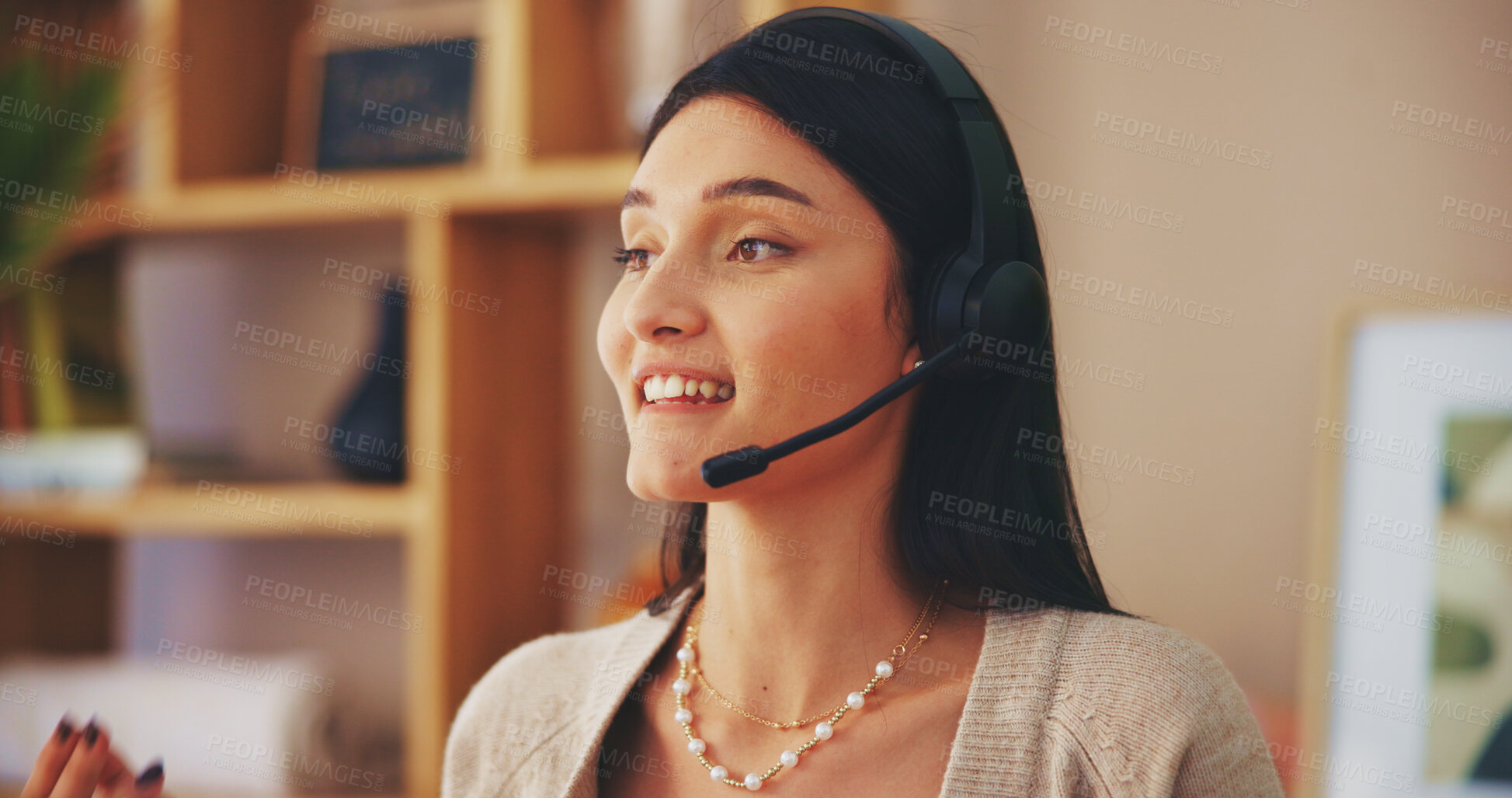 Buy stock photo Microphone, headset and freelancer with woman in home office for virtual assistant, online consultant and contact. Call center, remote work and typing with person in apartment for communication