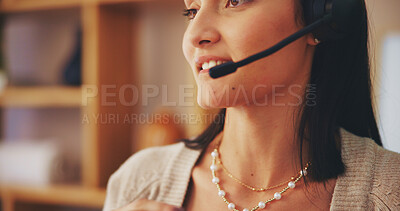 Buy stock photo Microphone, headset and agent with woman in home office for virtual assistant, online consultant or contact. Call center, remote work and talking with closeup of person in apartment for communication