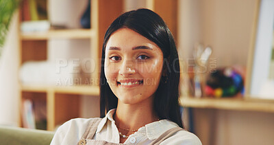 Buy stock photo Happy, student and relax with portrait of woman on sofa for future, university and scholarship. College, gen z and youth with person in living room at home for education, knowledge and happiness