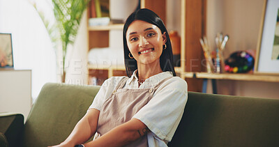 Buy stock photo Smile, student and relax with portrait of woman on sofa for future, university and scholarship. College, gen z and youth with person in living room at home for education, knowledge and happiness