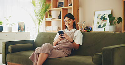 Buy stock photo Relax, phone and typing with woman on sofa for streaming, social media and networking app. Connection, online news and internet with person in living room at home for mobile, web and communication 