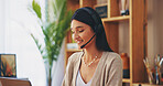 Happy woman, teacher or headset with laptop for online class, elearning or virtual assistant at home. Female person, educator or remote worker with mic for language tutoring, support or help at house
