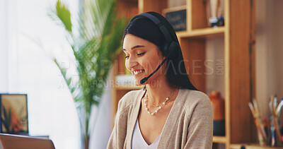 Buy stock photo Happy woman, teacher or headset with laptop for online class, elearning or virtual assistant at home. Female person, educator or remote worker with mic for language tutoring, support or help at house