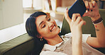 Smile, phone and streaming with woman on sofa for subscription, social media and movie app. Connection, post and internet with female person in living room at home for mobile, web and relax.