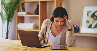 Buy stock photo Tablet, laptop and freelancer with woman in home office for virtual assistant, online news and contact. Email marketing, remote work and research with person in apartment for internet and networking