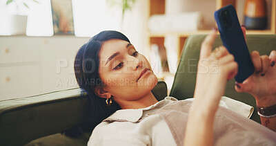 Buy stock photo Relax, phone and digital with woman on sofa for streaming, social media and networking app. Connection, online news and internet with person in living room at home for mobile, web and communication 