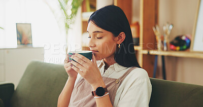 Buy stock photo House, relax and woman on couch, coffee and comfort with aroma, smelling and resting in living room. Person, apartment and girl on sofa, cappuccino and latte with herbal tea, morning and break