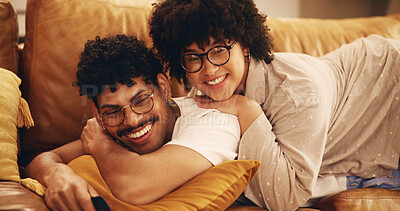 Buy stock photo Happy couple, bonding and living room with love, smile and together on couch in home for relax. Woman, man and relationship for connection as romantic partners for calm, peace and affection in lounge