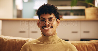 Buy stock photo Portrait, young man and living room with happy, cheerful and confidence on couch in home for relax. Male person, positive attitude and smile in apartment for calm, peace and weekend on sofa in lounge