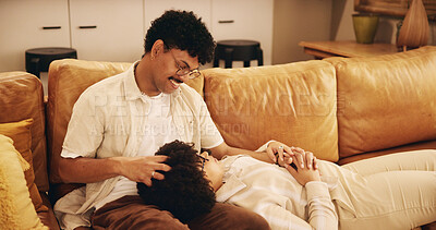 Buy stock photo House, relax and couple on couch, love and bonding together with weekend break in lounge. Apartment, people and man with woman on sofa and comfort with romance, relationship and resting with marriage