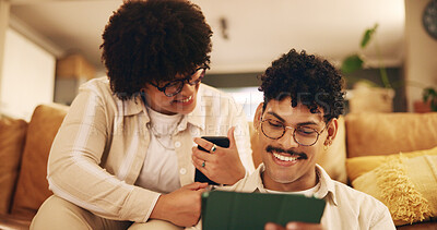 Buy stock photo House, smile and couple with love, tablet and smartphone with happiness. relax and social media. Apartment, people and man with woman, cellphone and technology with online calendar and live streaming