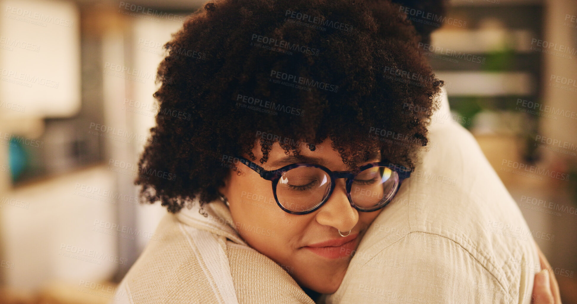 Buy stock photo Smile, couple and hug with love at house for marriage commitment, support and loyalty trust. People, embrace and affection with romance for bonding together, relationship connection and partner care 