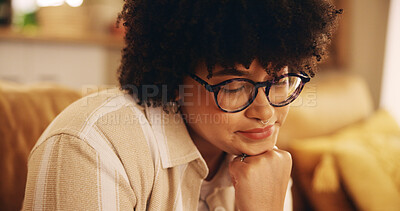 Buy stock photo Sad, thinking and lonely with woman on sofa for reflection, depression and anxiety. Mental health, grief and memory with female person in living room at home for bored, fatigue and disappointed 