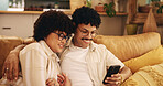 Love, relax and phone with couple on sofa for streaming, bonding and social media post. Networking app, connection and share link with man and woman in living room of home for subscription service