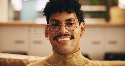 Buy stock photo Portrait, man and living room with smile, cheerful or confidence on couch in home for relax. Female person, positive attitude and happy in apartment for calm, peace or weekend on sofa in lounge