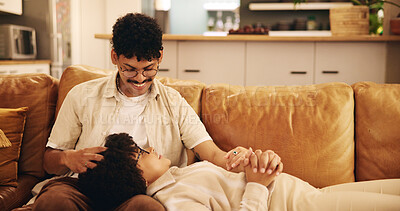 Buy stock photo Happy couple, bonding and living room with smile, cheerful or together on couch in home for relax. Woman, man and relationship for connection as partners for calm, peace and weekend on sofa in lounge