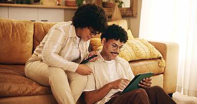 Buy stock photo House, relax and couple with love, tablet and cellphone with happiness. live streaming and social media. Network, people and man with woman, smartphone and tech with online calendar and connection