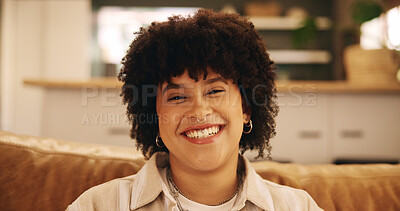 Buy stock photo Portrait, woman and living room with smile, cheerful and confidence on couch in home for relax. Female person, positive attitude and happy in apartment for calm, peace and weekend on sofa in lounge