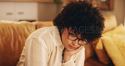Buy stock photo Sad, thinking and bored with woman on sofa for reflection, depression and anxiety. Mental health, grief and memory with female person in living room at home for lonely, fatigue and disappointed 