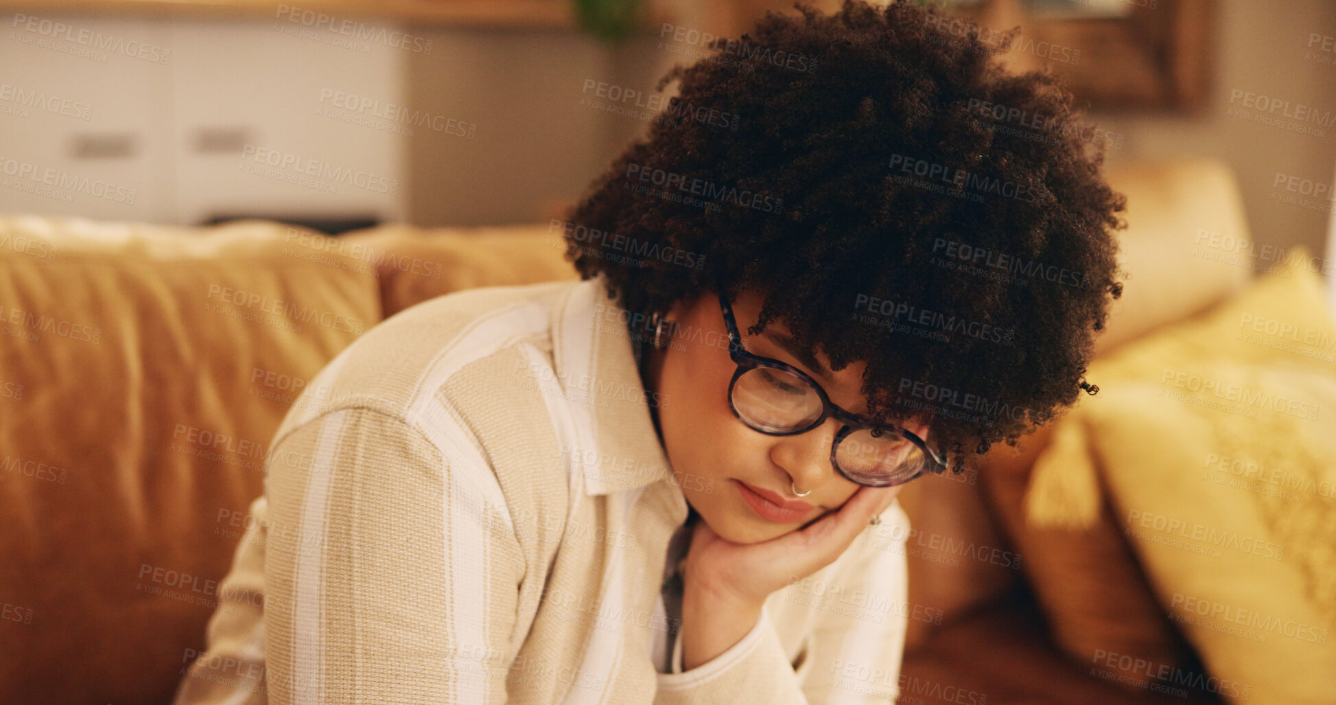 Buy stock photo Sad, thinking and bored with woman on sofa for reflection, depression and anxiety. Mental health, grief and memory with female person in living room at home for lonely, fatigue and disappointed 