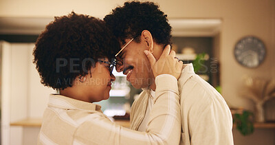 Buy stock photo House, joy and couple with love, face and bonding together with relationship. Apartment, man and woman with marriage, happiness and trust with care, conversation and romance with smile and commitment