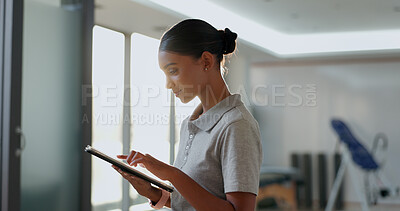 Buy stock photo Physiotherapy, tablet and medical with woman in clinic for chiropractor, schedule booking and telehealth. Rehabilitation, healthcare and website with person for patient information, update or results